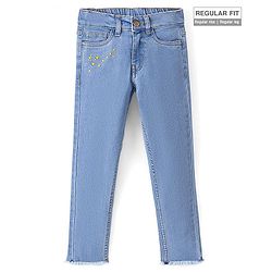 Pine Kids Ankle Length Back Elasticated Waist Jeans With Star Embroidery - Light Blue
