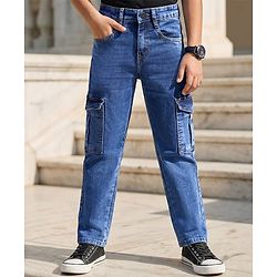 Pine Kids Cotton Full Length Cargo Fit Adjustable Washed Elasticated Jeans - Blue