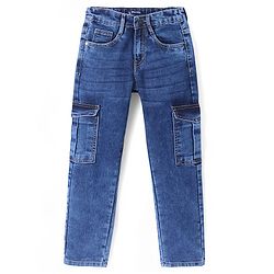 Pine Kids Cotton Full Length Cargo Fit Adjustable Washed Elasticated Jeans - Blue