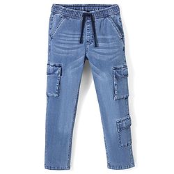 Pine Kids Denim Washed Full Length Cargo Fit Jeans with Pockets - Mid Blue