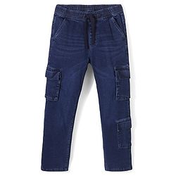 Pine Kids Denim Washed Full Length Cargo Fit Jeans with Pockets - Dark Blue
