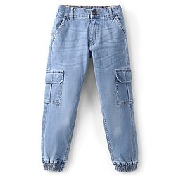 Pine Kids Cotton Full Length Joggers Fit Adjustable Washed Elasticated Jeans - Blue