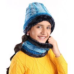 Pine Kids Woollen Cap & Snood Set Blue - Cap Diameter 11 cm