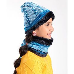 Pine Kids Woollen Cap & Snood Set Blue - Cap Diameter 11 cm