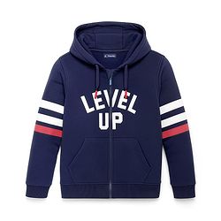 Pine Kids 100% Cotton Knit Full Sleeves Front Open Hooded Biowashed Sweatshirt Text Print - Estate Blue