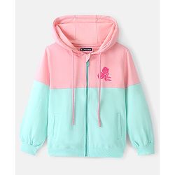 Pine Kids Full Sleeve Front Open Hooded Biowashed Sweatshirt With Floral Embroidery - Pink & Blue