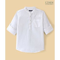 Pine Kids Roll up Full Sleeves Cotton Linen Single Pocket Mandarin Collar Shirt - White