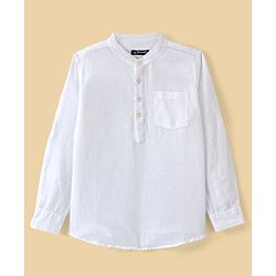 Pine Kids Roll up Full Sleeves Cotton Linen Single Pocket Mandarin Collar Shirt - White
