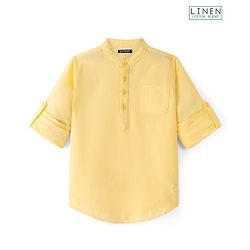Pine Kids Roll Up Full Sleeves Cotton Linen Single Pocket Mandarin Collar Shirt - Yellow
