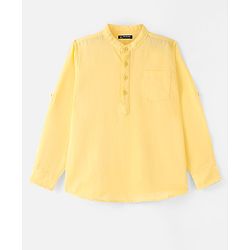 Pine Kids Roll Up Full Sleeves Cotton Linen Single Pocket Mandarin Collar Shirt - Yellow