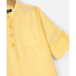 Pine Kids Roll Up Full Sleeves Cotton Linen Single Pocket Mandarin Collar Shirt - Yellow