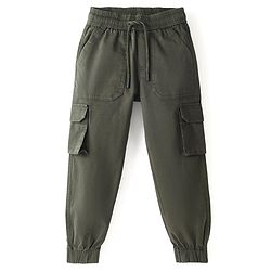 Pine Kids Cotton Elastane Full Length Solid Stretchable Track Pant with Draw Cord - Olive Green