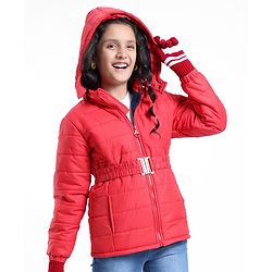 Pine Kids  Full Sleeves Quilted Medium Winter Jacket with Belt Solid Colour - Red