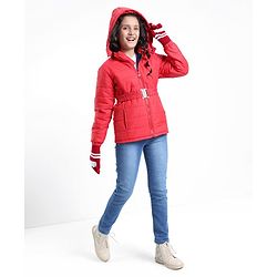Pine Kids  Full Sleeves Quilted Medium Winter Jacket with Belt Solid Colour - Red