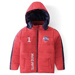 Pine Kids Woven Full Sleeves Medium Winter Hooded Jacket With Text Print - Red