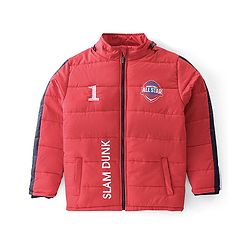 Pine Kids Woven Full Sleeves Medium Winter Hooded Jacket With Text Print - Red