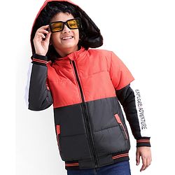 Pine Kids Full Sleeves Cut and Sew Explore Adventure Printed Jacket With Detachable Hood- Orange
