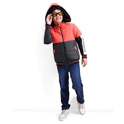 Pine Kids Full Sleeves Cut and Sew Explore Adventure Printed Jacket With Detachable Hood- Orange