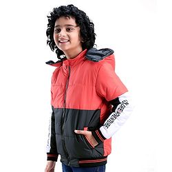 Pine Kids Full Sleeves Cut and Sew Explore Adventure Printed Jacket With Detachable Hood- Orange