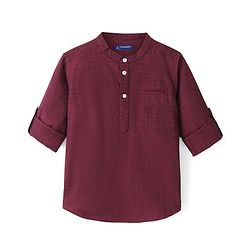 Pine Kids Cotton Woven Roll Up Full Sleeves Solid Colour Kurta Shirt with Mandarin Collar- Maroon