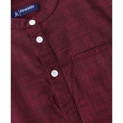 Pine Kids Cotton Woven Roll Up Full Sleeves Solid Colour Kurta Shirt with Mandarin Collar- Maroon
