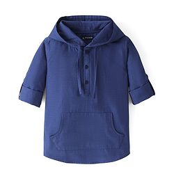 Pine Kids Cotton Roll-up Full Sleeves Solid Colored Hooded Shirt - Blue