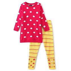 Pine Kids Full Sleeves Tunic and Full Length Bottom Sweater Set Polka Dots Design & Striped - Red & Yellow