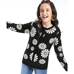 Pine Kids Full Sleeves Front Open Zipper Floral Design Sweater - Black