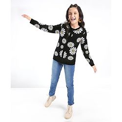 Pine Kids Full Sleeves Front Open Zipper Floral Design Sweater - Black