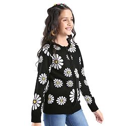 Pine Kids Full Sleeves Front Open Zipper Floral Design Sweater - Black