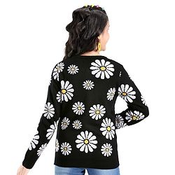 Pine Kids Full Sleeves Front Open Zipper Floral Design Sweater - Black