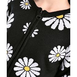 Pine Kids Full Sleeves Front Open Zipper Floral Design Sweater - Black