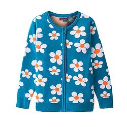 Pine Kids Full Sleeves Foral Structured Front Open Zipper Sweater - Teal Blue