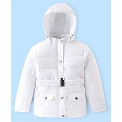 Pine Kids Full Sleeves Medium Winter Hooded Jacket With Belt - White