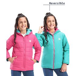 Pine Kids Full Sleeves Solid Color Reversible Medium Winter Hoded Jacket -Turquise & Dark Pink