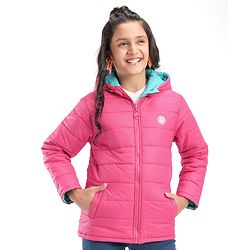 Pine Kids Full Sleeves Solid Color Reversible Medium Winter Hoded Jacket -Turquise & Dark Pink