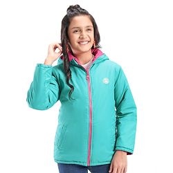 Pine Kids Full Sleeves Solid Color Reversible Medium Winter Hoded Jacket -Turquise & Dark Pink