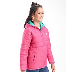 Pine Kids Full Sleeves Solid Color Reversible Medium Winter Hoded Jacket -Turquise & Dark Pink