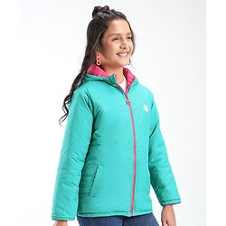 Pine Kids Full Sleeves Solid Color Reversible Medium Winter Hoded Jacket -Turquise & Dark Pink