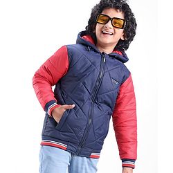 Pine Kids Woven Full Sleeves Quilted Medium Winter Hooded Jacket - Navy Blue