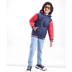 Pine Kids Woven Full Sleeves Quilted Medium Winter Hooded Jacket - Navy Blue