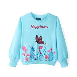 Pine Kids Cotton Knit Full Sleeves Bio Washed Sequined Sweatshirt with Floral Print - Turquoise