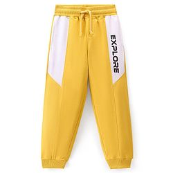 Pine Kids Knitted Stretchable Text Printed Full Length Track Pants- Mustard
