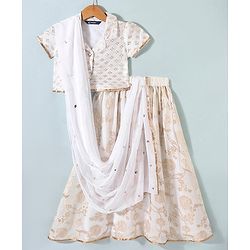 Pine Kids Brocade Half Sleeves Choli Chanderi Lehenga  Set- White