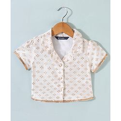 Pine Kids Brocade Half Sleeves Choli Chanderi Lehenga  Set- White