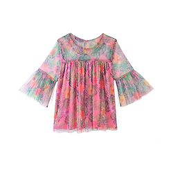 Pine Kids Three Fourth Sleeve Floral Printed Mesh Top- Pink
