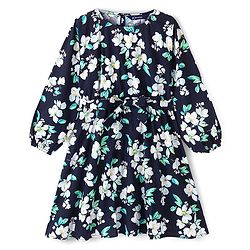 Pine Kids Poplin Woven Full Sleeves Floral Dress with Self Belt- Navy Blue