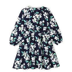 Pine Kids Poplin Woven Full Sleeves Floral Dress with Self Belt- Navy Blue