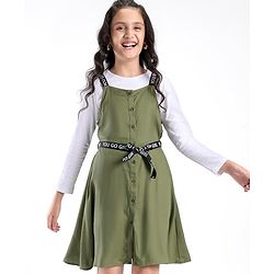 Pine Kids Woven Frock With Full Sleeves Inner Tee & Printed Belt - Olive & White