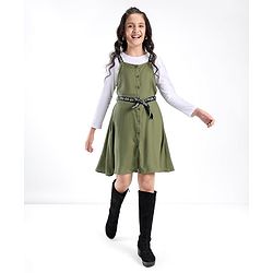 Pine Kids Woven Frock With Full Sleeves Inner Tee & Printed Belt - Olive & White